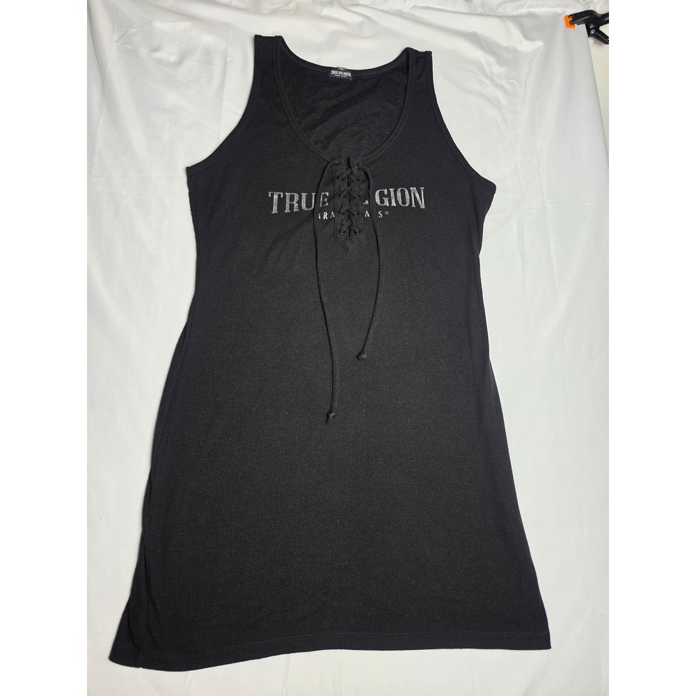 True Religion Womens Arched Logo Lace Up Dress Black Ribbed Mini Tank Dress 2XL